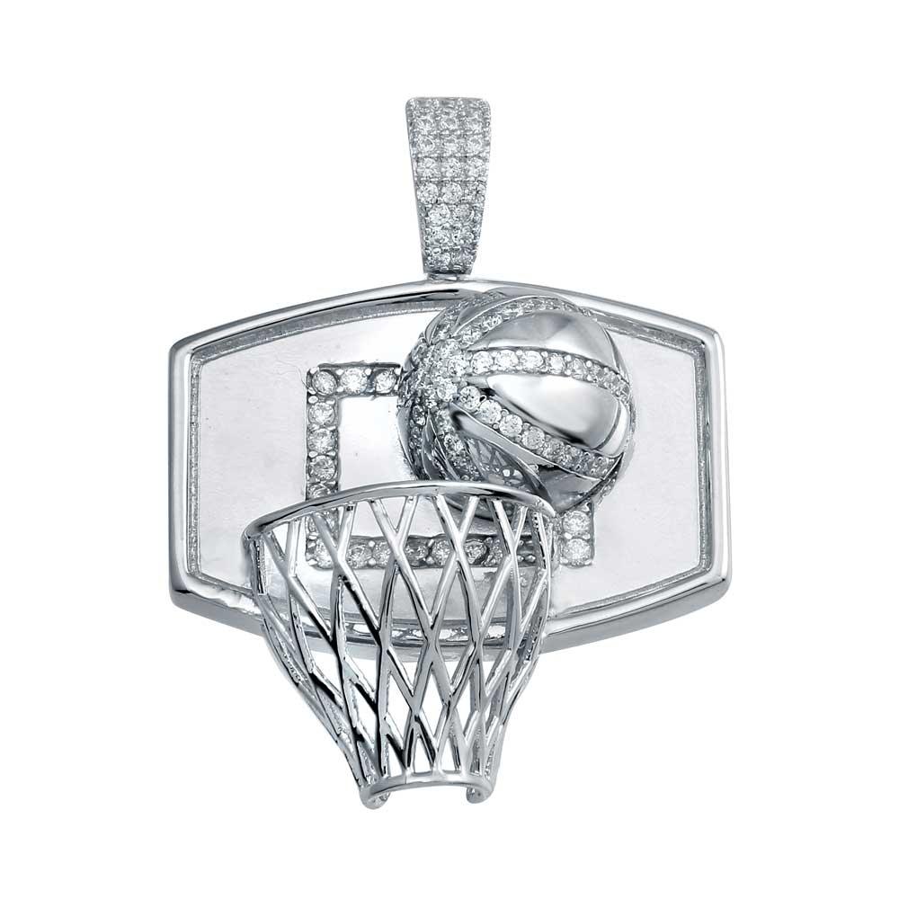 Rhodium Plated 925 Sterling Silver CZ Basketball Hoop Hip Hop Sports New Pendant