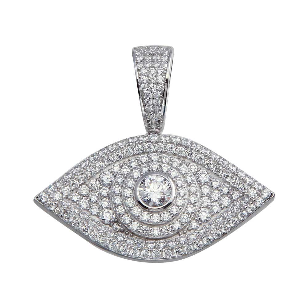 Rhodium Plated 925 Sterling Silver CZ Evil Eye Hip Hop All Seeing Pendant