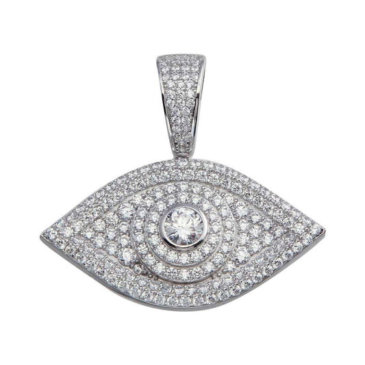 Rhodium Plated 925 Sterling Silver CZ Evil Eye Hip Hop All Seeing Pendant