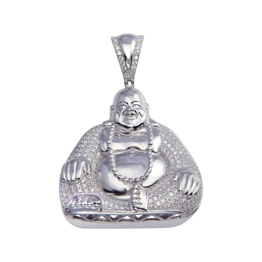 Rhodium Plated 925 Sterling Silver CZ Laughing Buddha Hip Hop Pendant