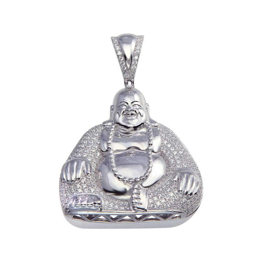 Rhodium Plated 925 Sterling Silver CZ Laughing Buddha Hip Hop Pendant
