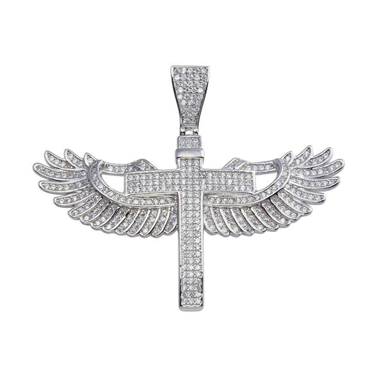 Rhodium Plated 925 Sterling Silver CZ Angel Wing Cross Hip Hop Jesus Pendant