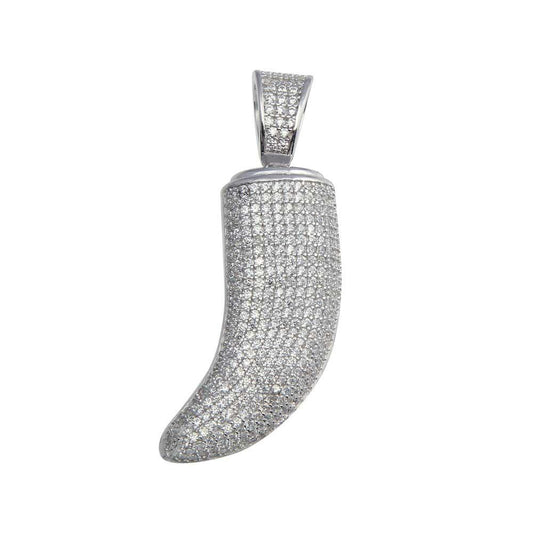 Rhodium Plated 925 Sterling Silver CZ Tiger Tooth Hip Hop Italian Horn Pendant