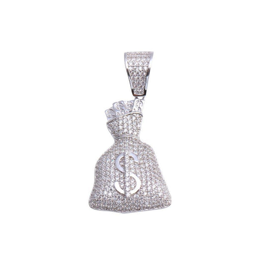 Rhodium Plated 925 Sterling Silver Money Bag Hip Hop Cash Dollars $ Rich Pendant