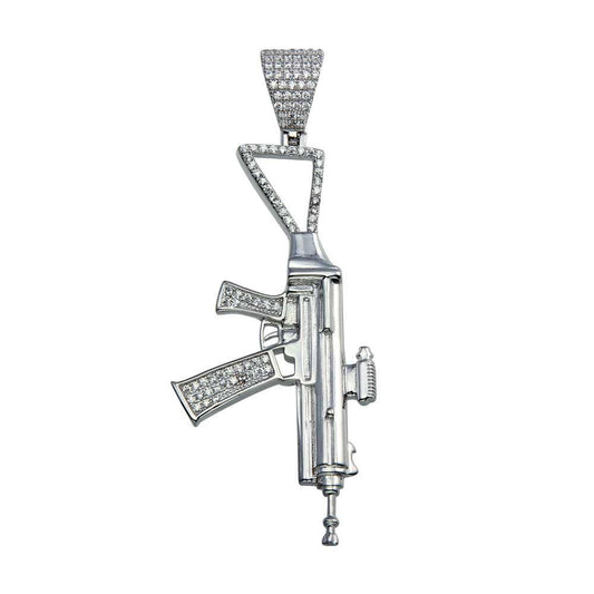 Rhodium Plated 925 Sterling Silver CZ Gun AK Men's Hip Hop Iced Out Pendant