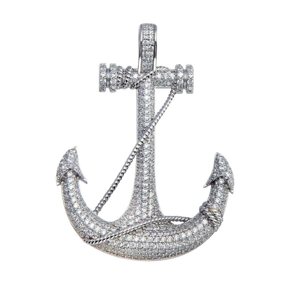 Rhodium Plated 925 Sterling Silver CZ Anchor Hip Hop Mariner Iced Out Pendant