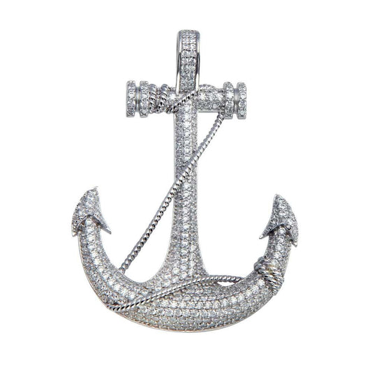 Rhodium Plated 925 Sterling Silver CZ Anchor Hip Hop Mariner Iced Out Pendant