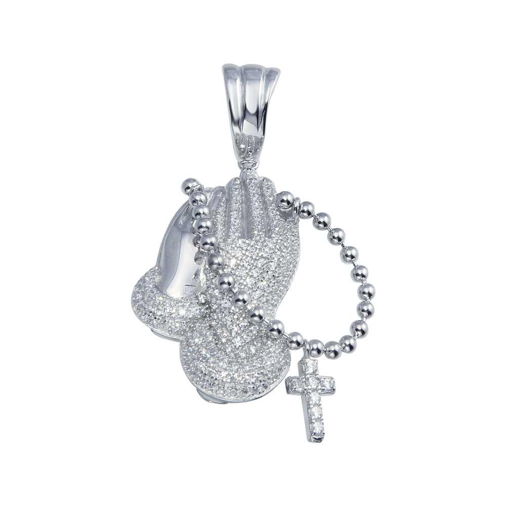 Rhodium Plated 925 Sterling Silver CZ Prayer Hand with Rosary Hip Hop Pendant