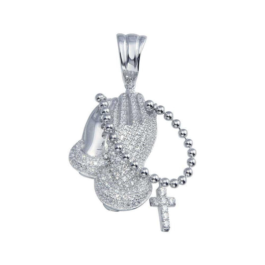 Rhodium Plated 925 Sterling Silver CZ Prayer Hand with Rosary Hip Hop Pendant