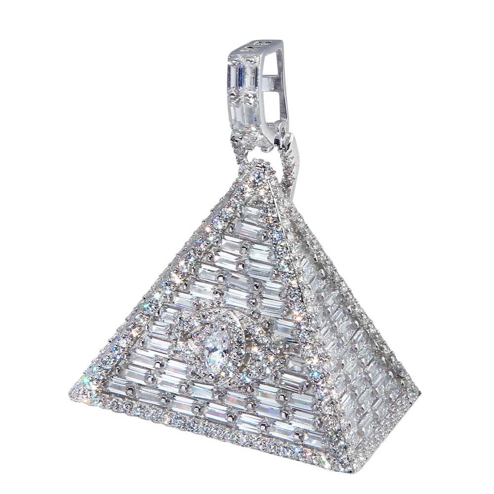Rhodium Plated 925 Sterling Silver Illuminati Triangle Hip Hop Iced Out Pendant