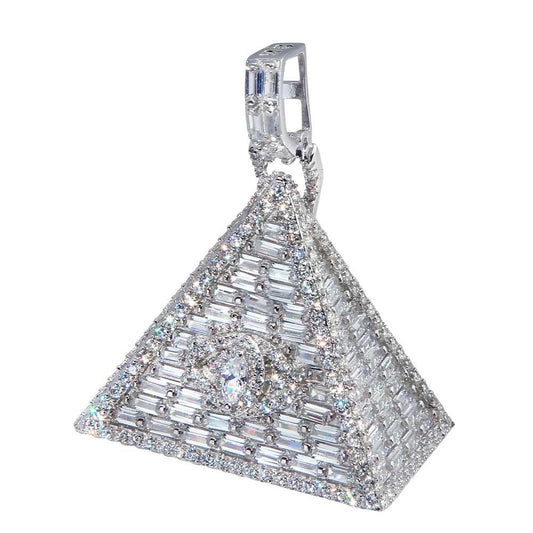 Rhodium Plated 925 Sterling Silver Illuminati Triangle Hip Hop Iced Out Pendant