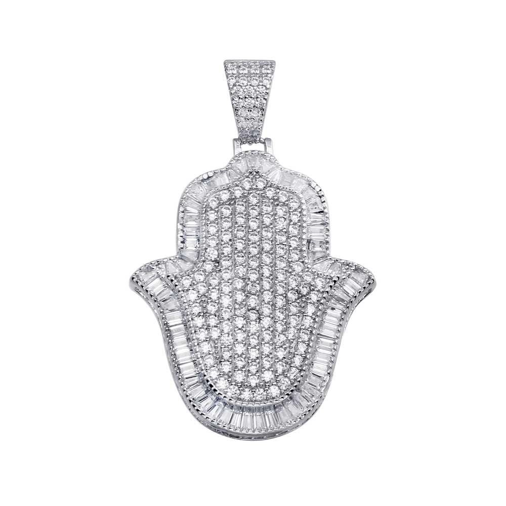 Rhodium Plated 925 Sterling Silver Hamsa Hand Hip Hop Iced Out Bling Pendant
