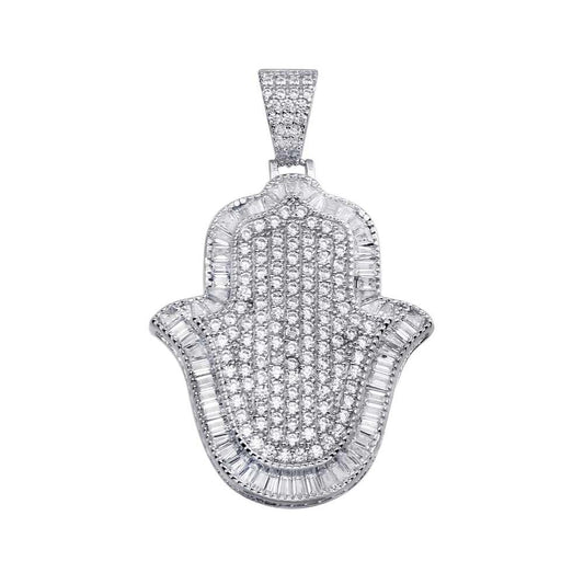 Rhodium Plated 925 Sterling Silver Hamsa Hand Hip Hop Iced Out Bling Pendant