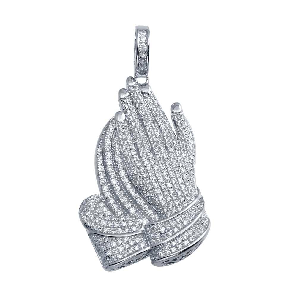 Rhodium Plated 925 Sterling Silver Praying Hands Hip Hop Christian CZ Pendant