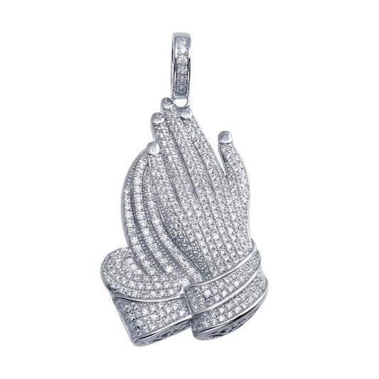Rhodium Plated 925 Sterling Silver Praying Hands Hip Hop Christian CZ Pendant