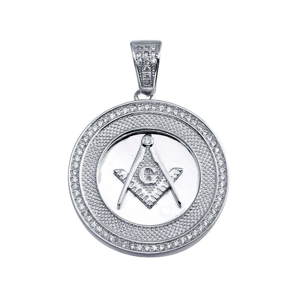 Rhodium Plated 925 Sterling Silver Masonic Sign Medallion Hip Hop CZ Pendant