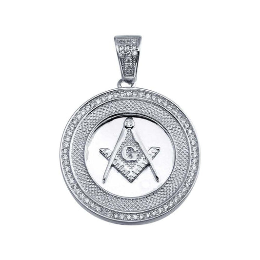 Rhodium Plated 925 Sterling Silver Masonic Sign Medallion Hip Hop CZ Pendant