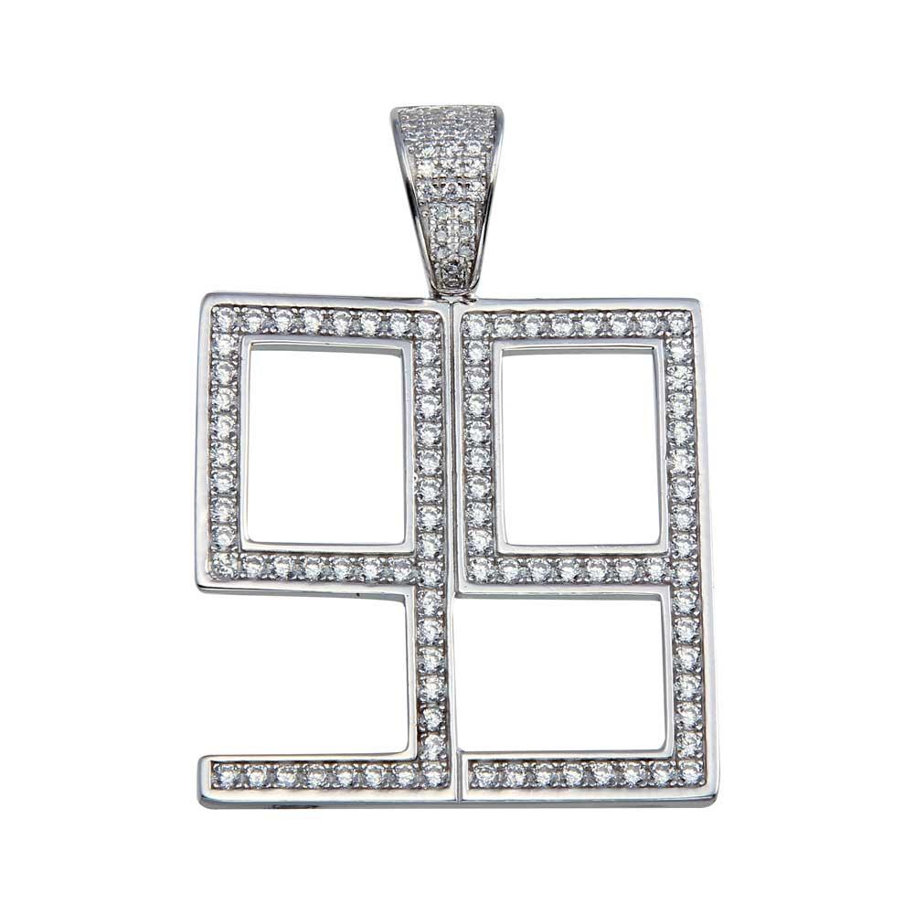 Rhodium Plated 925 Sterling Silver Number 99 Hip Hop CZ Pendant
