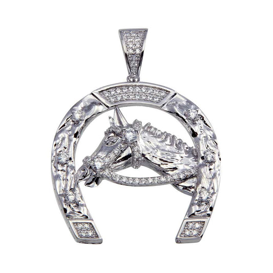 Rhodium Plated 925 Sterling Silver Horse Horseshoe Hip Hop Equestrian CZ Pendant