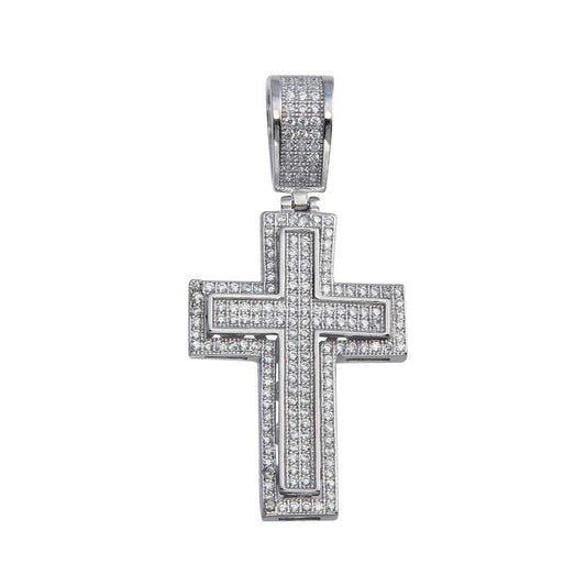 Rhodium Plated 925 Sterling Silver CZ Cross Bordered Hip Hop Christian Pendant