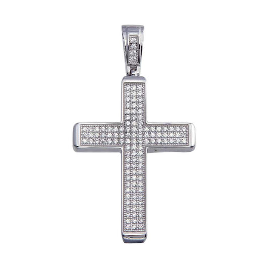 Rhodium Plated 925 Sterling Silver CZ Box Cross Hip Hop Christian Pendant