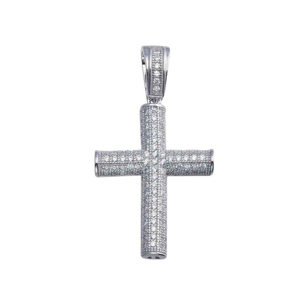Rhodium Plated 925 Sterling Silver CZ Tube Cross Hip Hop Pendant