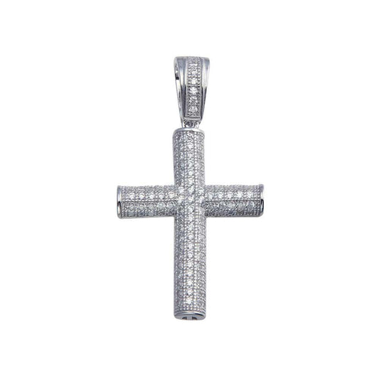 Rhodium Plated 925 Sterling Silver CZ Tube Cross Hip Hop Pendant