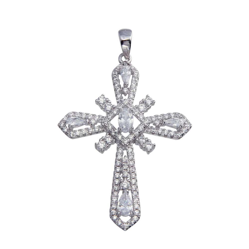 Rhodium Plated 925 Sterling Silver CZ Cross Hip Hop Christian Iced Out Pendant