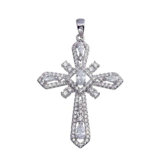 Rhodium Plated 925 Sterling Silver CZ Cross Hip Hop Christian Iced Out Pendant