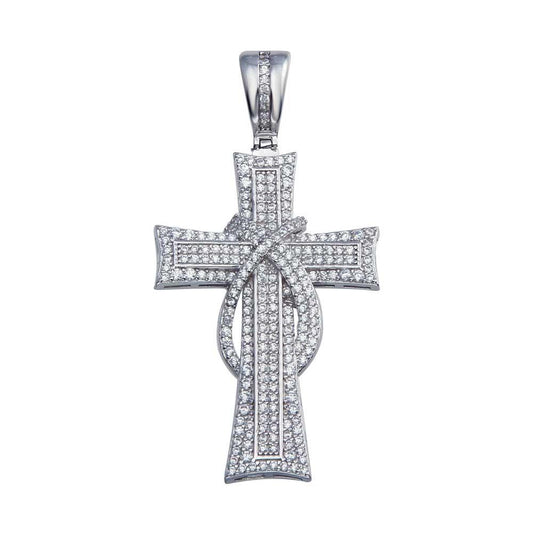 Rhodium Plated 925 Sterling Silver CZ Ribbon Criss Cross Knot Christian Pendant