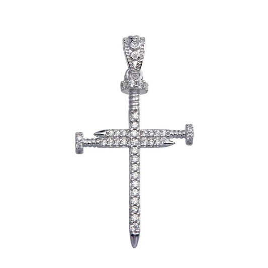 Rhodium Plated 925 Sterling Silver Nail Jesus Cross Christian CZ Pendant