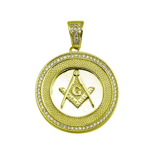 Gold Plated 925 Sterling Silver Masonic Sign Medallion Hip Hop G Halo CZ Pendant