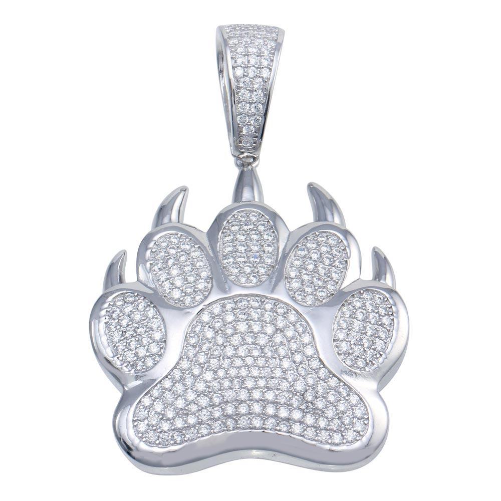 Rhodium Plated 925 Sterling Silver Bear Paw Hip Hop Pendant Animal Footprint