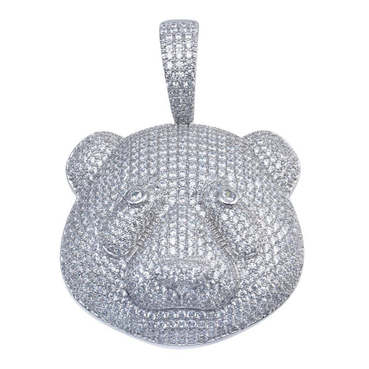 Rhodium Plated 925 Sterling Silver Bear Head Face Animal Hip Hop Charm Pendant