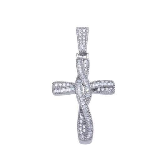 Rhodium Plated 925 Sterling Silver Twisted Cross Baguette CZ Hip Hop Pendant