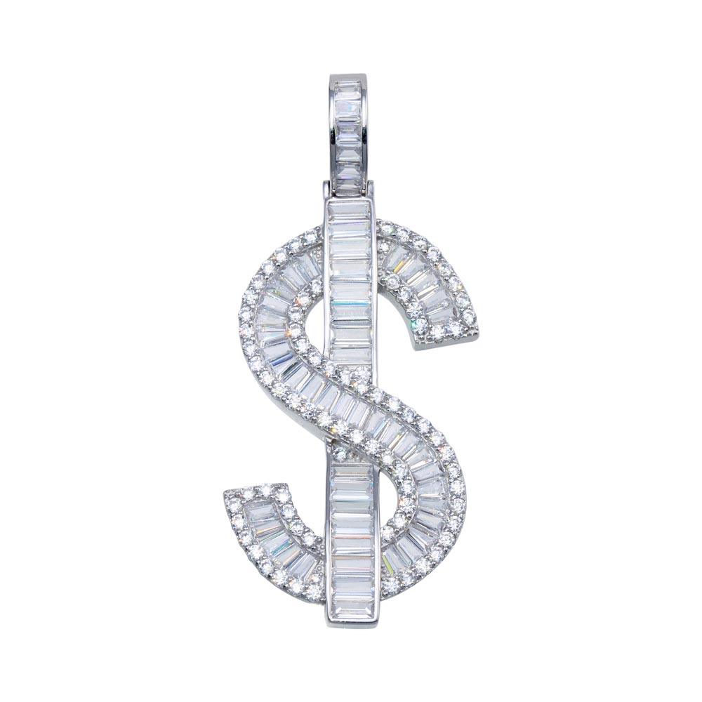 Rhodium Plated 925 Sterling Silver Dollar Sign Baguette Hip Hop $ Money Pendant