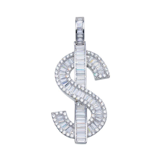 Rhodium Plated 925 Sterling Silver Dollar Sign Baguette Hip Hop $ Money Pendant