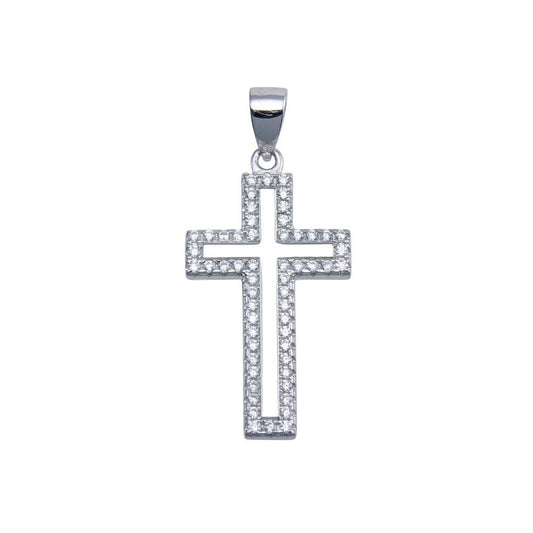 Rhodium Plated 925 Sterling Silver CZ Outline Cross Hip Hop Christian Pendant
