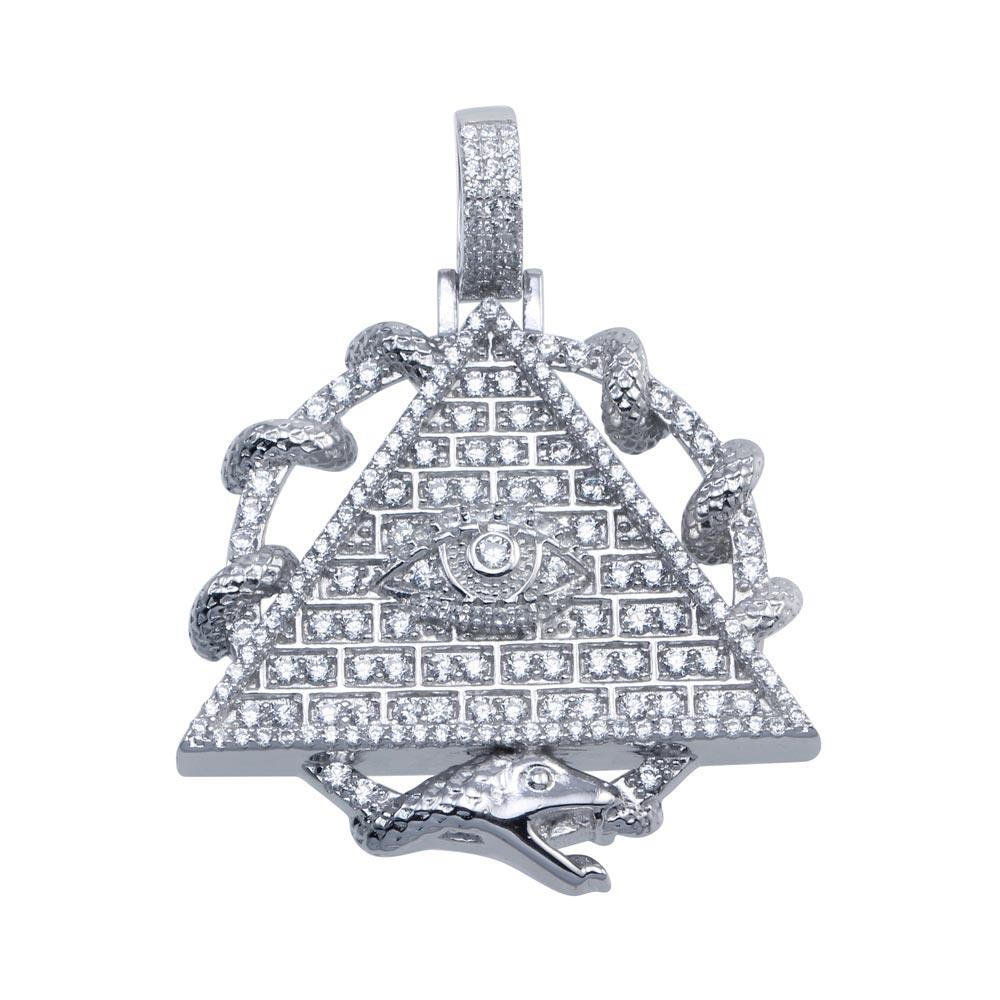 Rhodium Plated 925 Sterling Silver CZ Pyramid Eye of Providence Hip Hop Pendant