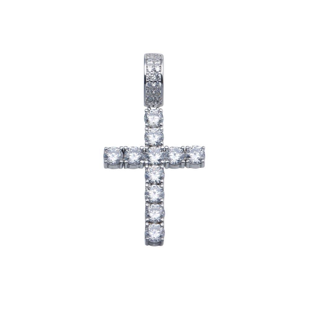 Rhodium Plated 925 Sterling Silver CZ Cross Hip Hop Christian Pendant