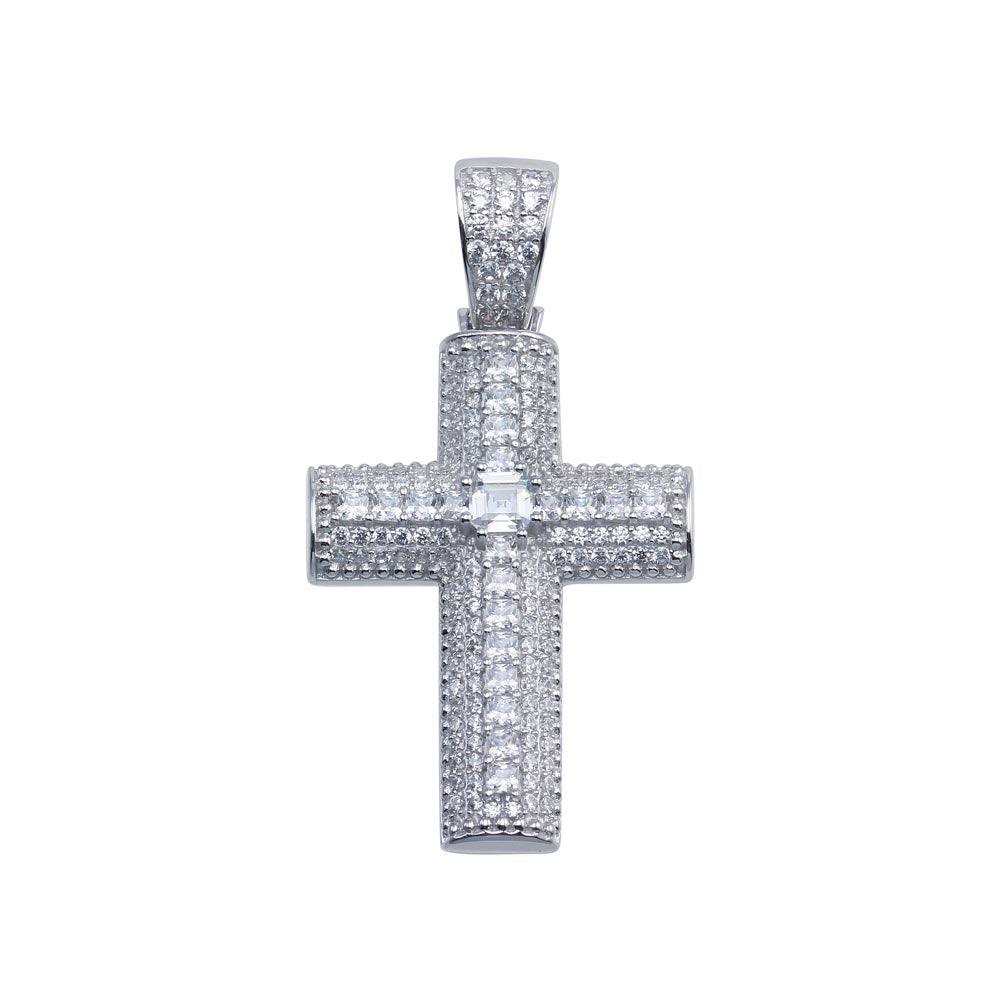 Rhodium Plated 925 Sterling Silver CZ Encrusted Cross Hip Hop Christian Pendant