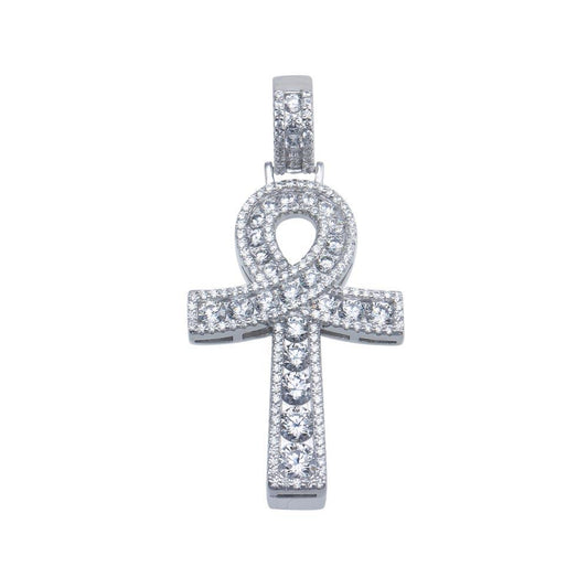 Silver 925 Rhodium Plated CZ Encrusted Egyptian Ankh Cross Hip Hop Pendant