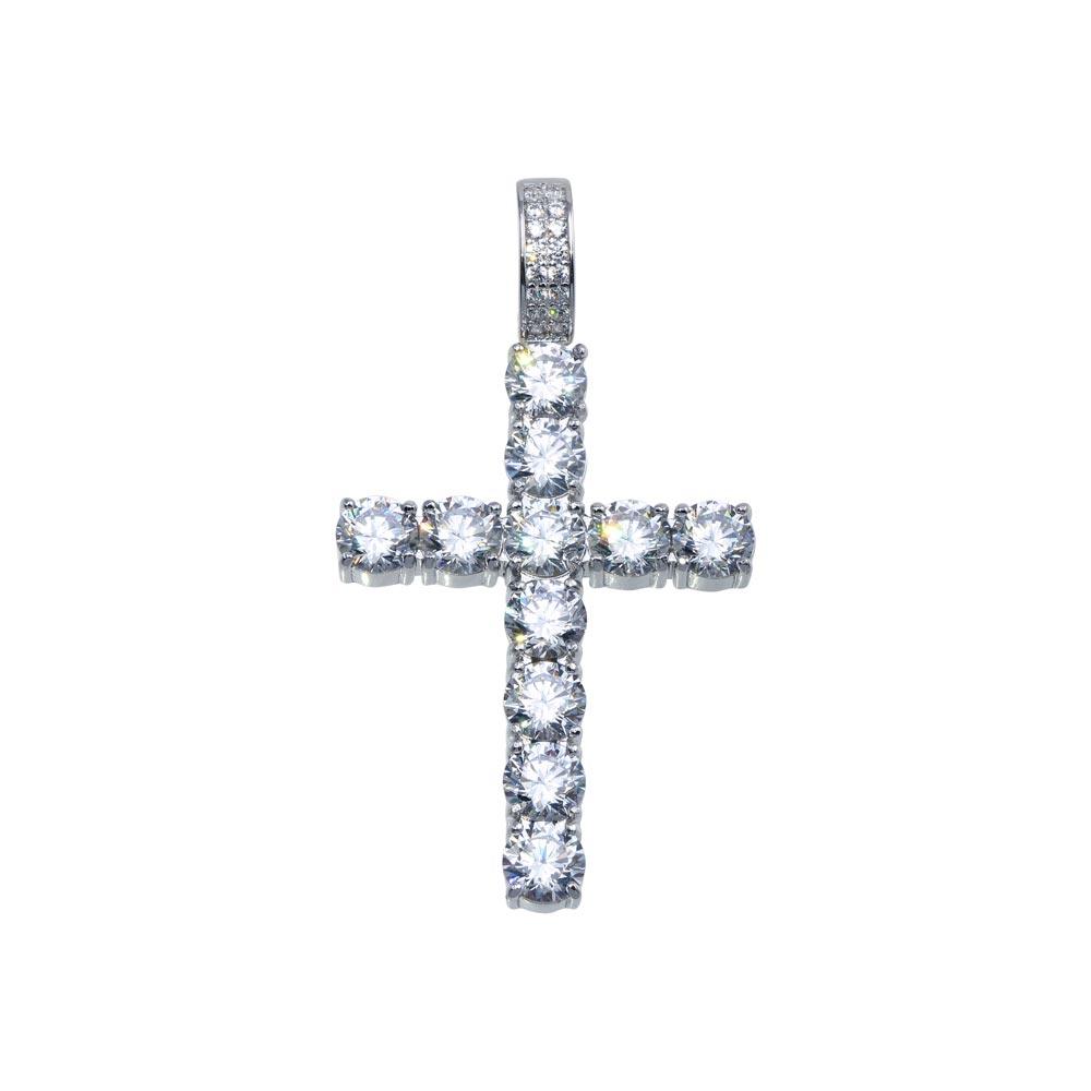 Rhodium Plated 925 Sterling Silver CZ Cross Hip Hop Christian Jesus Pendant