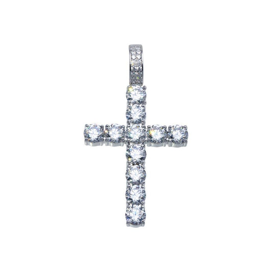 Rhodium Plated 925 Sterling Silver CZ Cross Hip Hop Christian Jesus Pendant