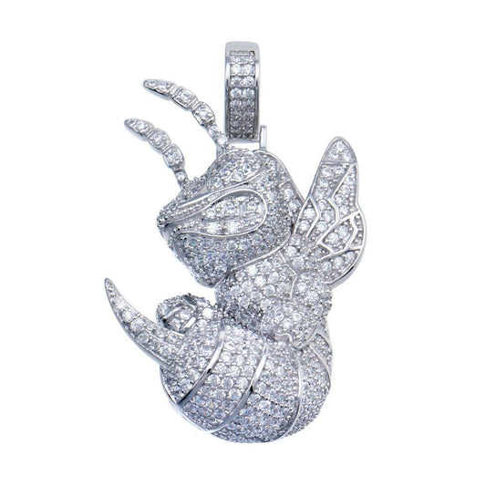 Rhodium Plated 925 Sterling Silver CZ Hornet Hip Hop Pendant Animal Bee Charm