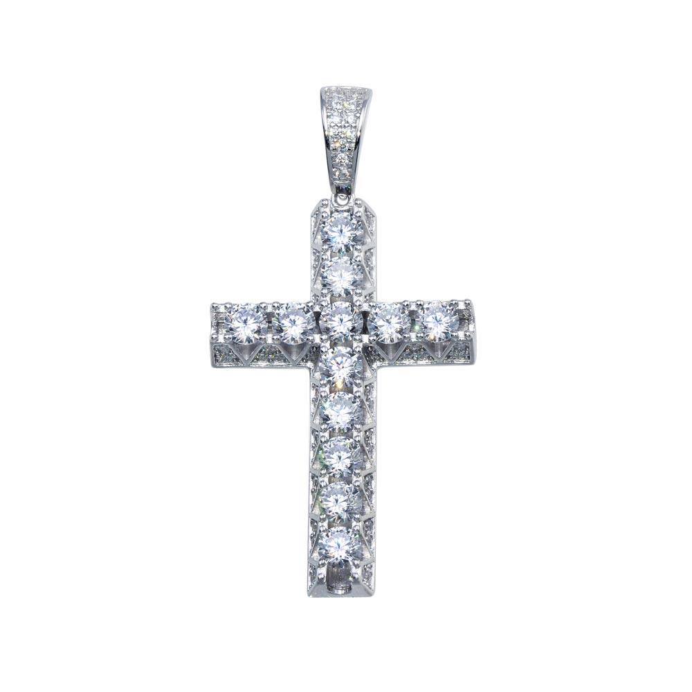Rhodium Plated 925 Sterling Silver CZ Crown Set Cross Hip Hop Christian Pendant