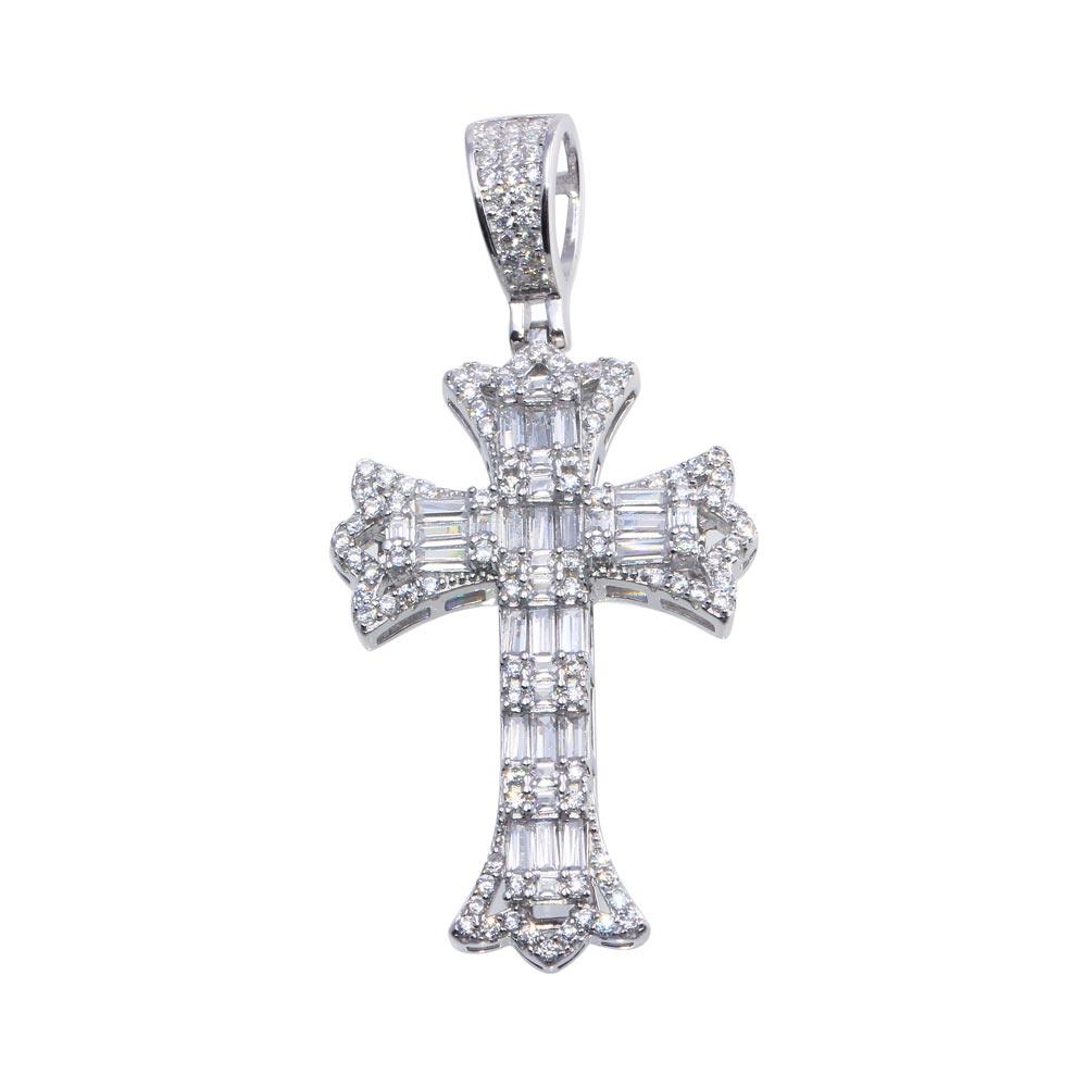 Rhodium Plated 925 Sterling Silver Baguette CZ Cross Hip Hop Christian Pendant