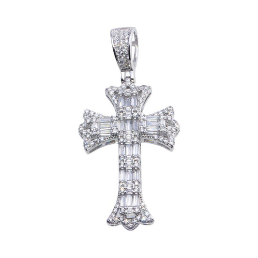 Rhodium Plated 925 Sterling Silver Baguette CZ Cross Hip Hop Christian Pendant