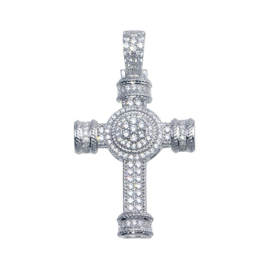 Rhodium Plated 925 Sterling Silver CZ Cross Hip Hop Round Christian Halo Pendant