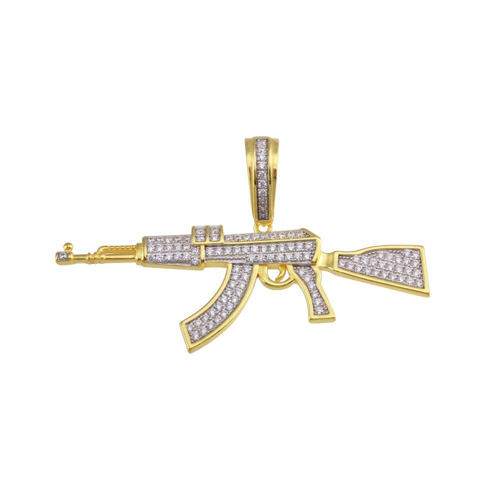 Gold Plated 925 Sterling Silver Rifle CZ Hip Hop AK Gun Iced Out Pendant